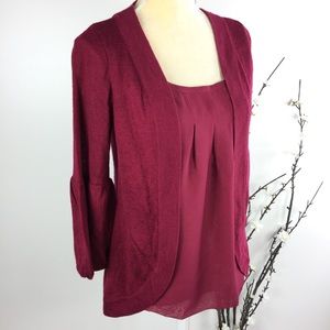 Burgundy Chiffon Sweater 3/4 Bell Sleeve Top